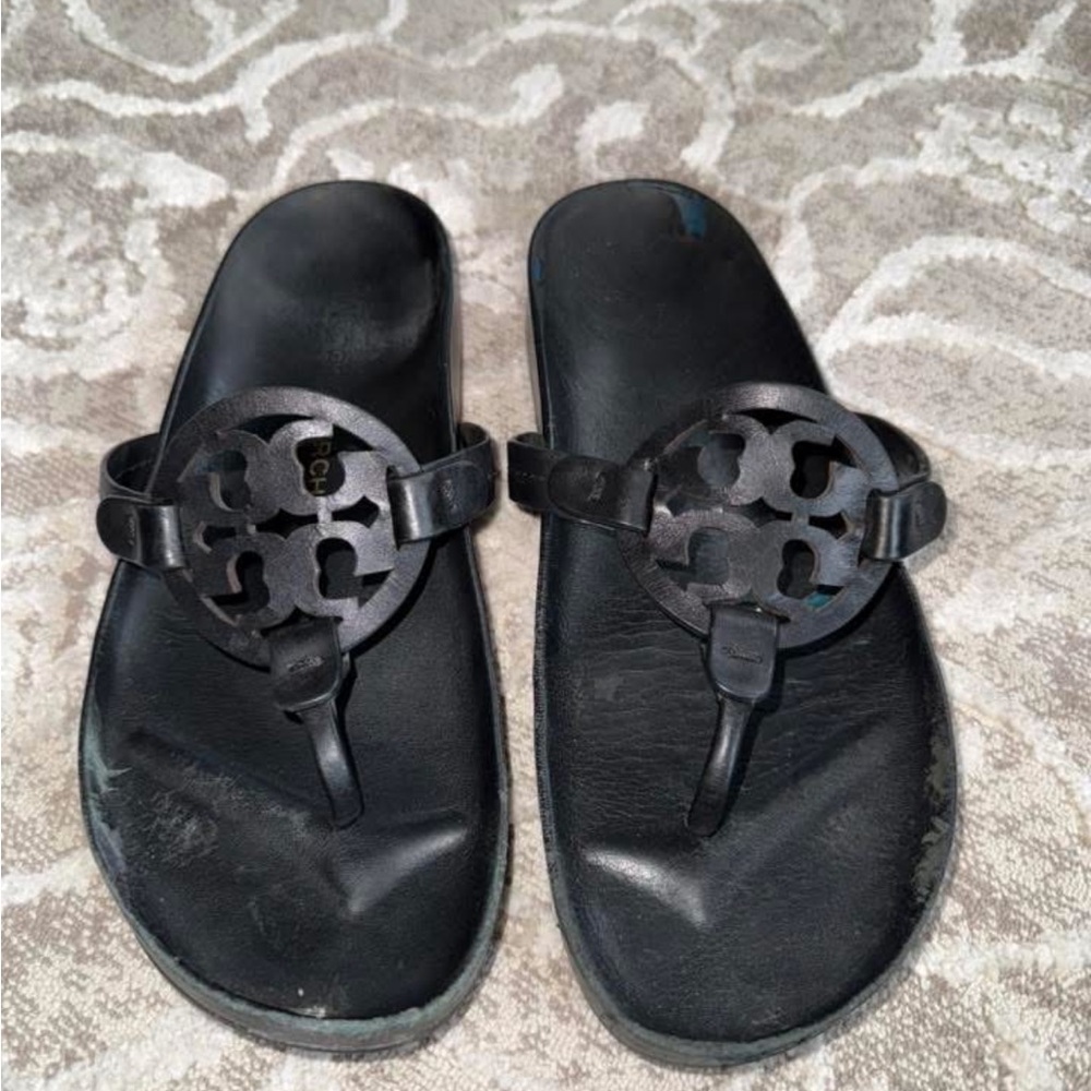Tory Burch Black Miller Logo Toe-Post Sandals